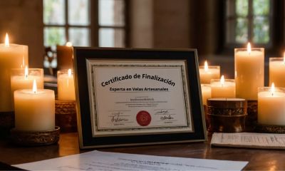 Certificado de conclusão emoldurado junto a velas